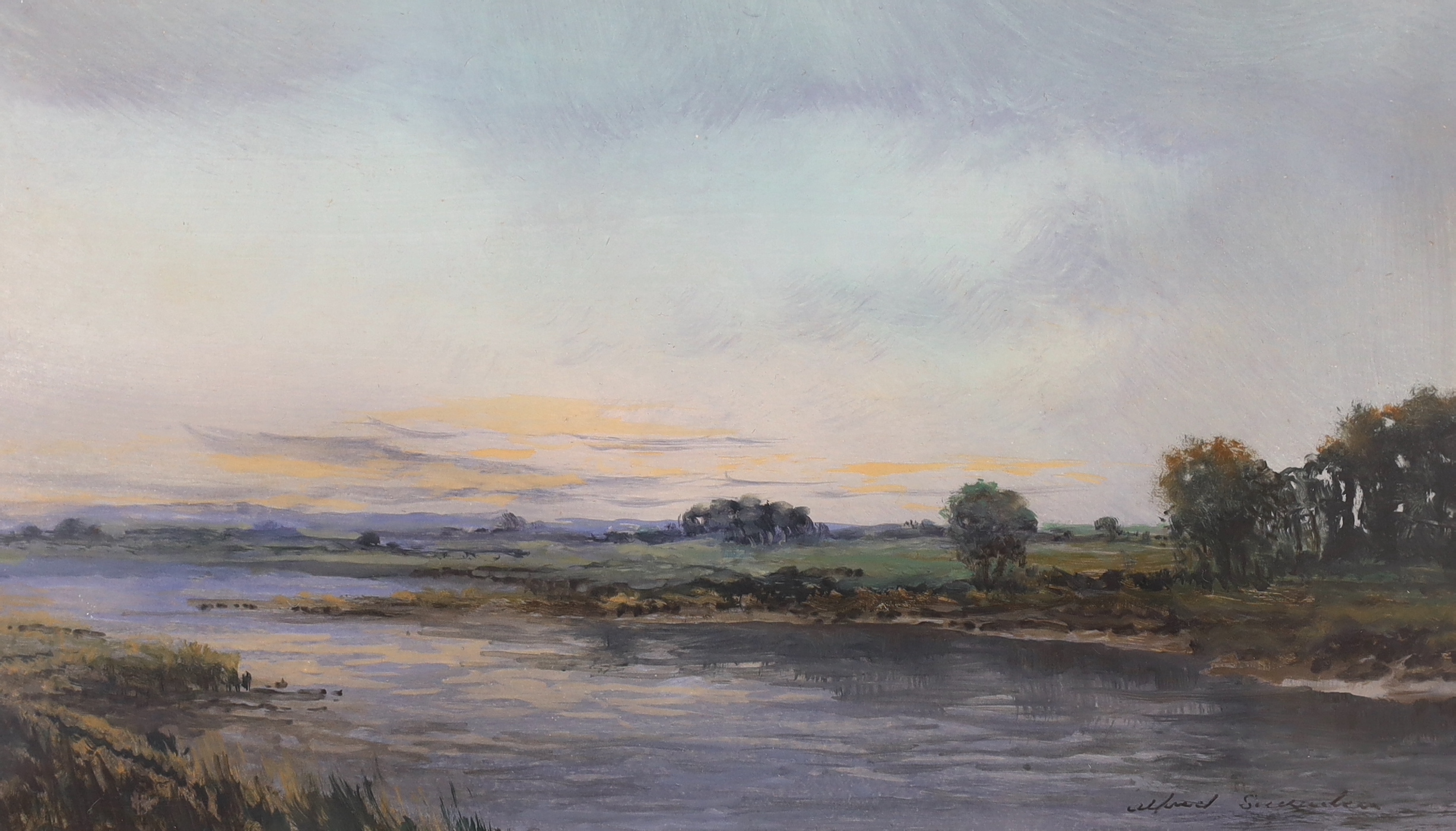 A pair of gouache, River landscapes, each indistinctly signed and inscribed verso, together with a heightened pencil drawing of a labrador 'Ribbie', by Elizabeth Lloyd, signed and dated 1982, largest 28 x 19cm